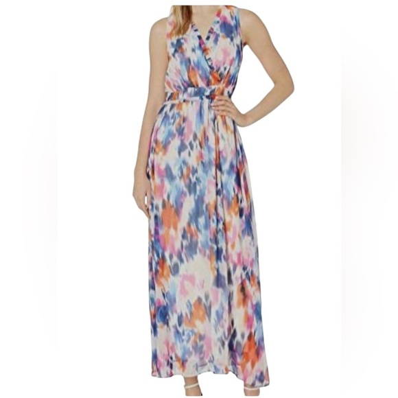 London Times Tie Dye Rainbow Watercolor Sleeveless Maxi Dress Size 12 - Picture 8 of 8